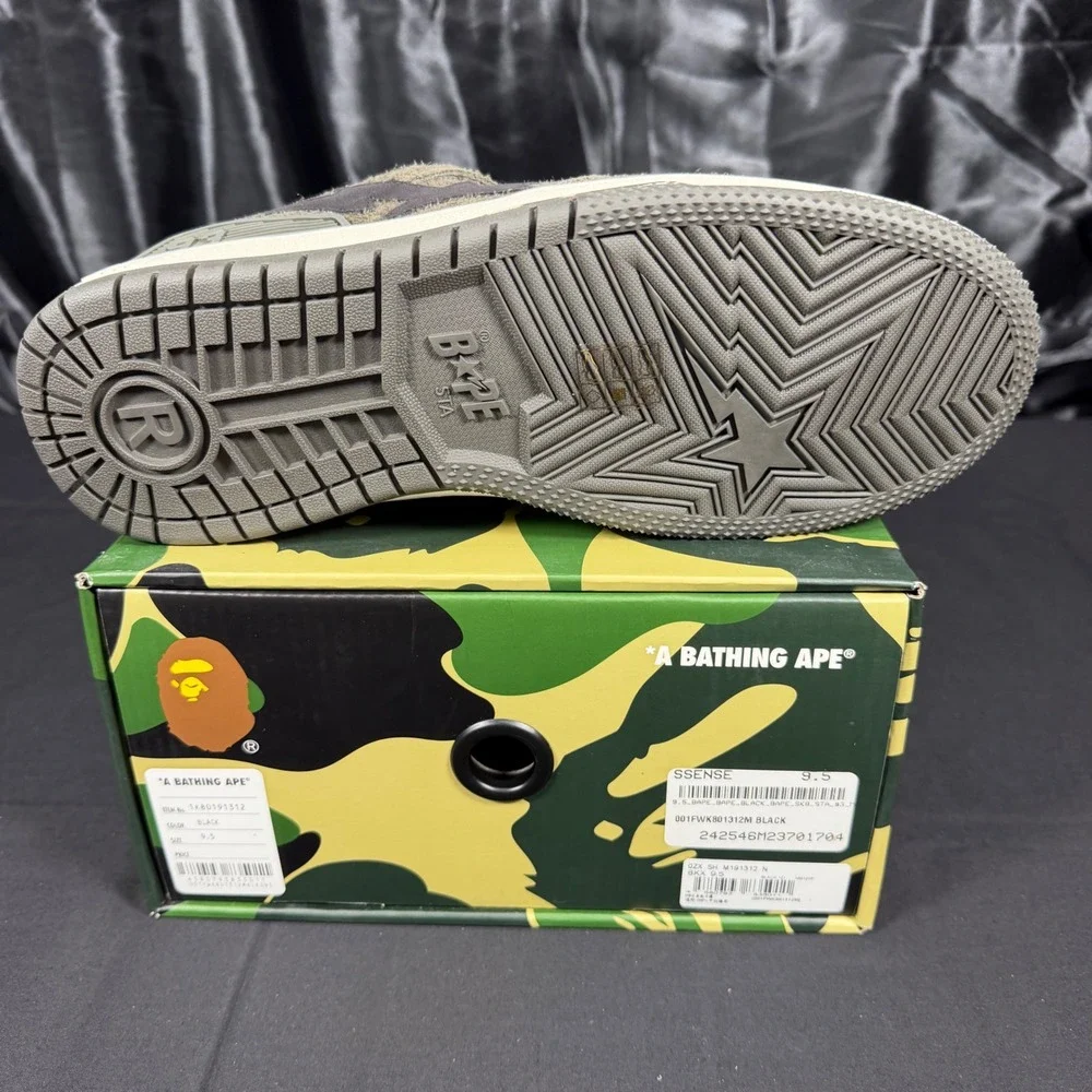 A Bathing Ape Bape SK8 STA #3 M1 Black Olive Suede Sneakers 1K80191312 Mens 9.5